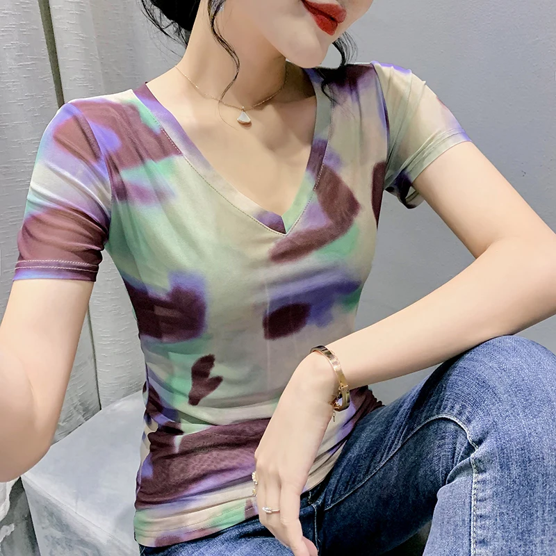 

2022 Summer Fashion Printed Short Sleeve Women's Tops Elegant Slim V-Neck Mesh T-Shirt M-3XL Elasticity Camisetas