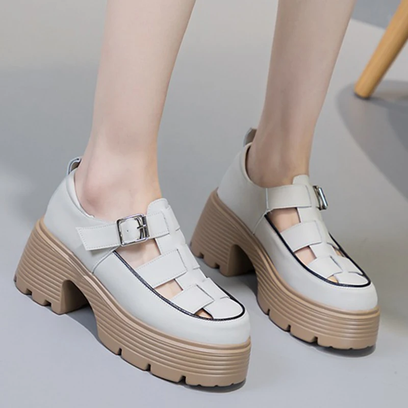 2023 New 7cm Genuine Leather Female Heeled Sandals Hollow Buckle Summer Fashion Platform Wedge Chunky Sneakers Comfy Women Shoes
