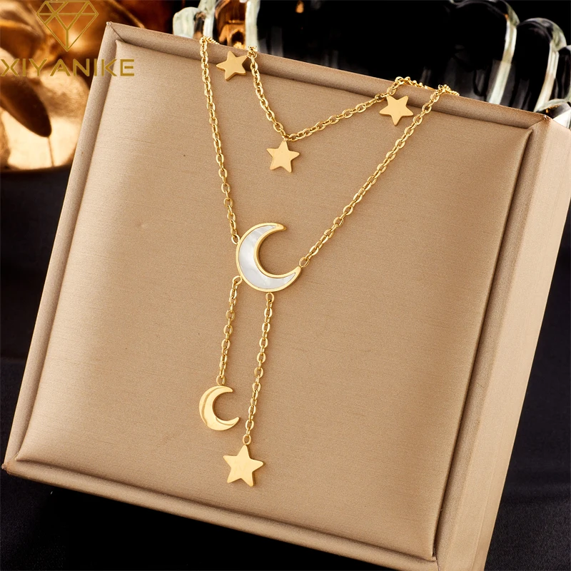 

XIYANIKE 316L Stainless Steel Necklace Moon Star Pendant Double Chain Accessories for Women Charming Party Jewelry Gifts Collier