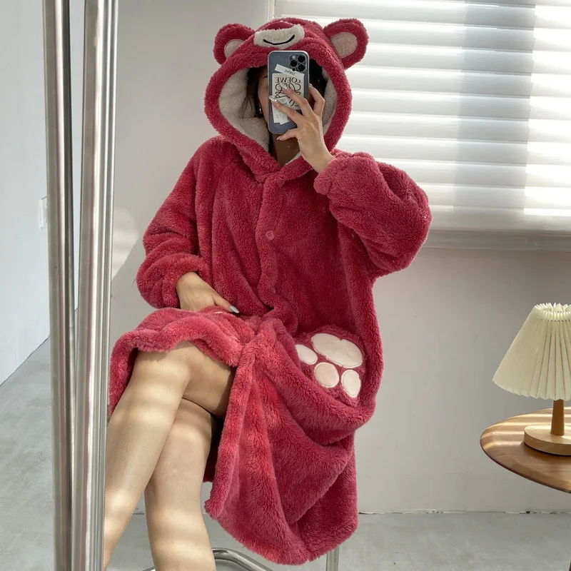 Women's Winter Thin Nightgown Length To Lower Leg Polyester Warm Comfortable Strawberry Bear Leisure Wear With Two Big Pockets