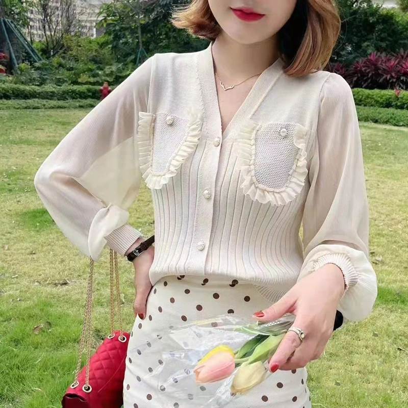 

Spring, summer, the new small sweet wind v-neck agaric chiffon stitching long sleeve knit cardigan coat of girl