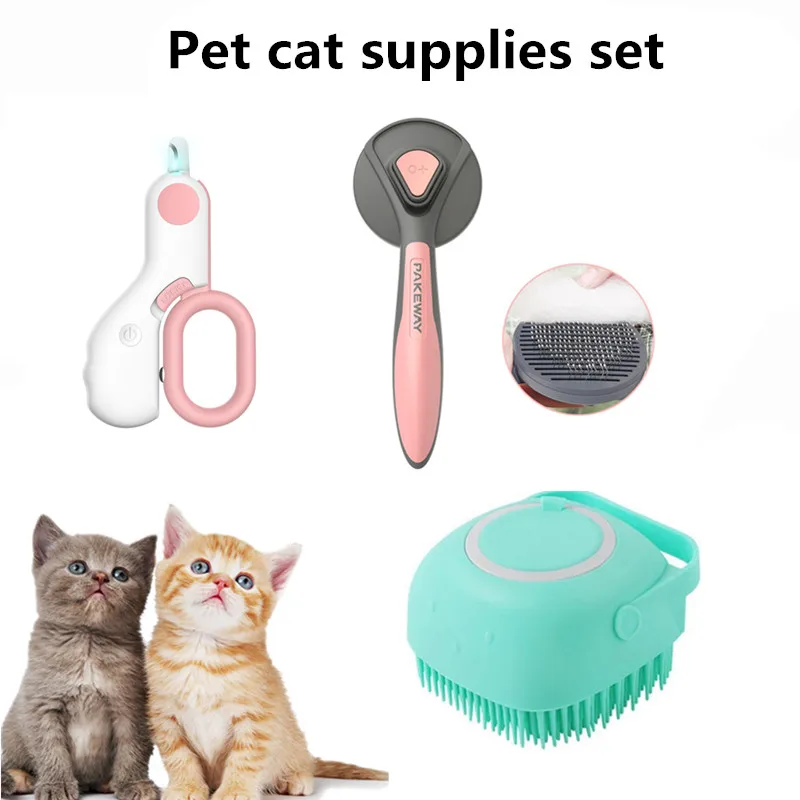 

Pet Cat Bath Massage Brush Hair Remover Comb LED Light Nail Clippers Sets Professional Pet Cats Grooming Cleaning Supplies