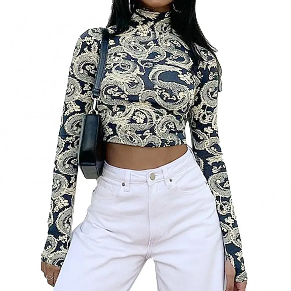 

Top Long Sleeve Chic Slim Blouse Women Dragon Print Turtleneck Crop Thumb Hole