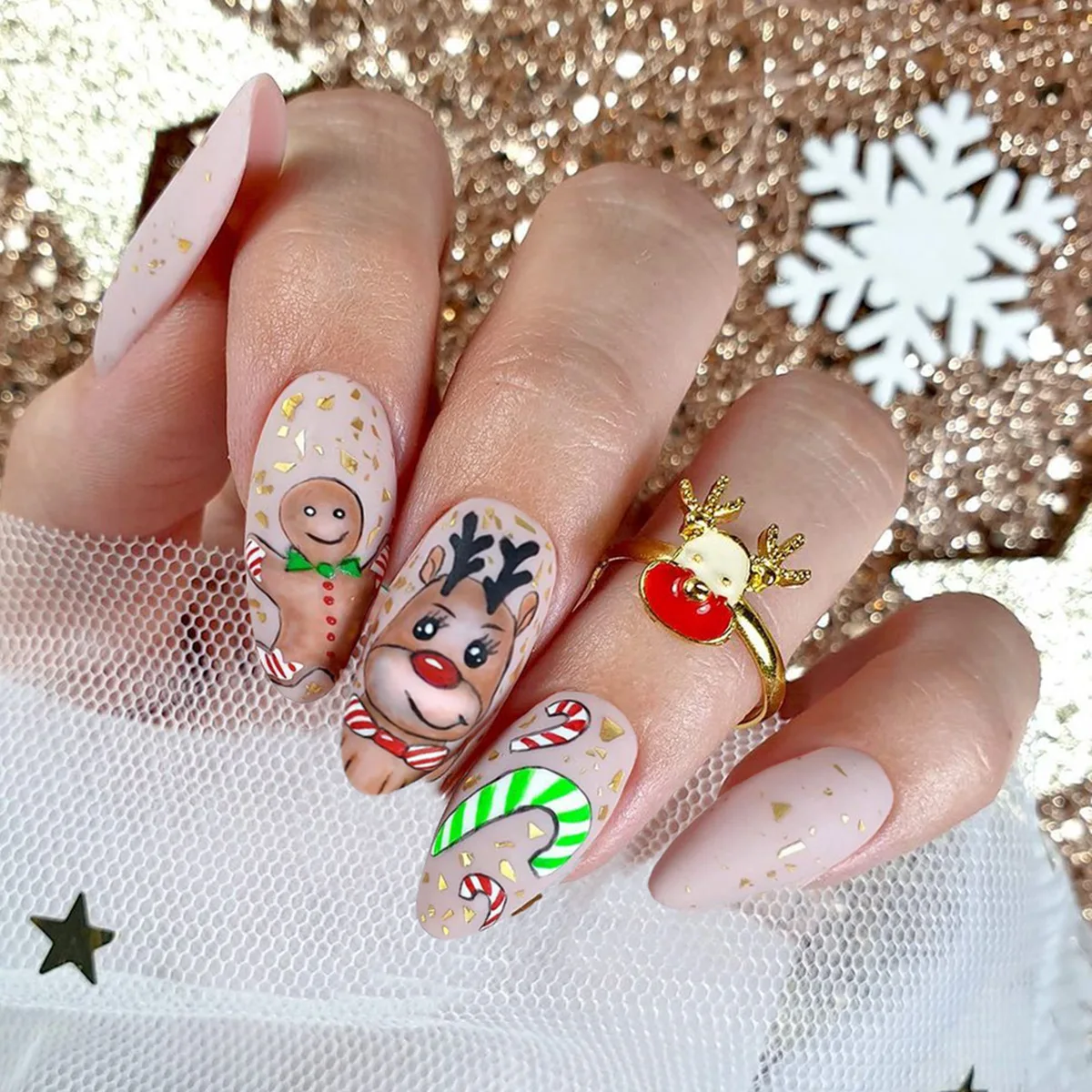 

24 шт., французские миндальные рождественские накладные ногти с милым мультяшным лосем, пряничным человечком, конфеты, конфеты, искусственные акриловые накладные ногти