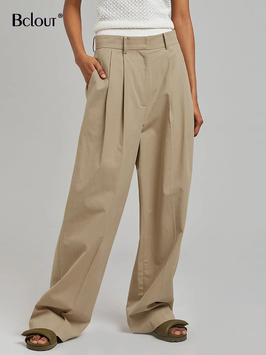 

Bclout Autumn Cotton Khaki Pants Female Fashion Office Lady Low Rise Waist Loose Long Trousers Elegant Pleated Wide Leg Pants