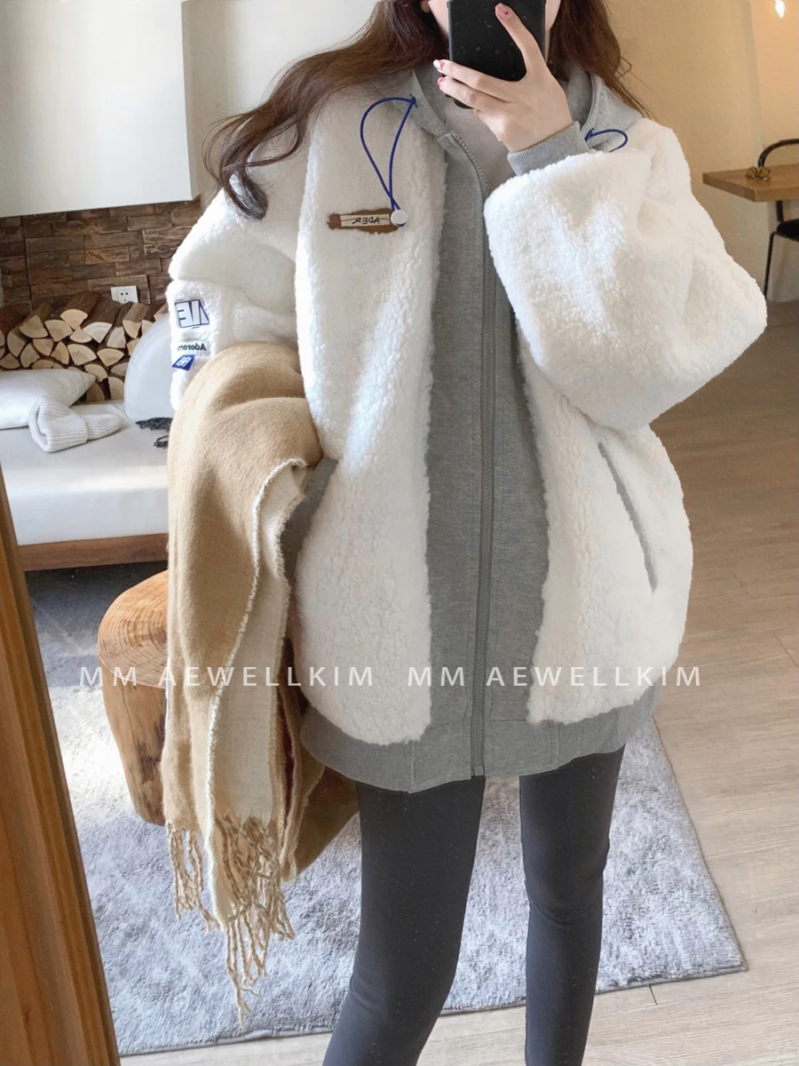 ADER ERROR tide brand lambswool jacket men and women in autumn and winter couple new fake two pieces hooded design sense jacket