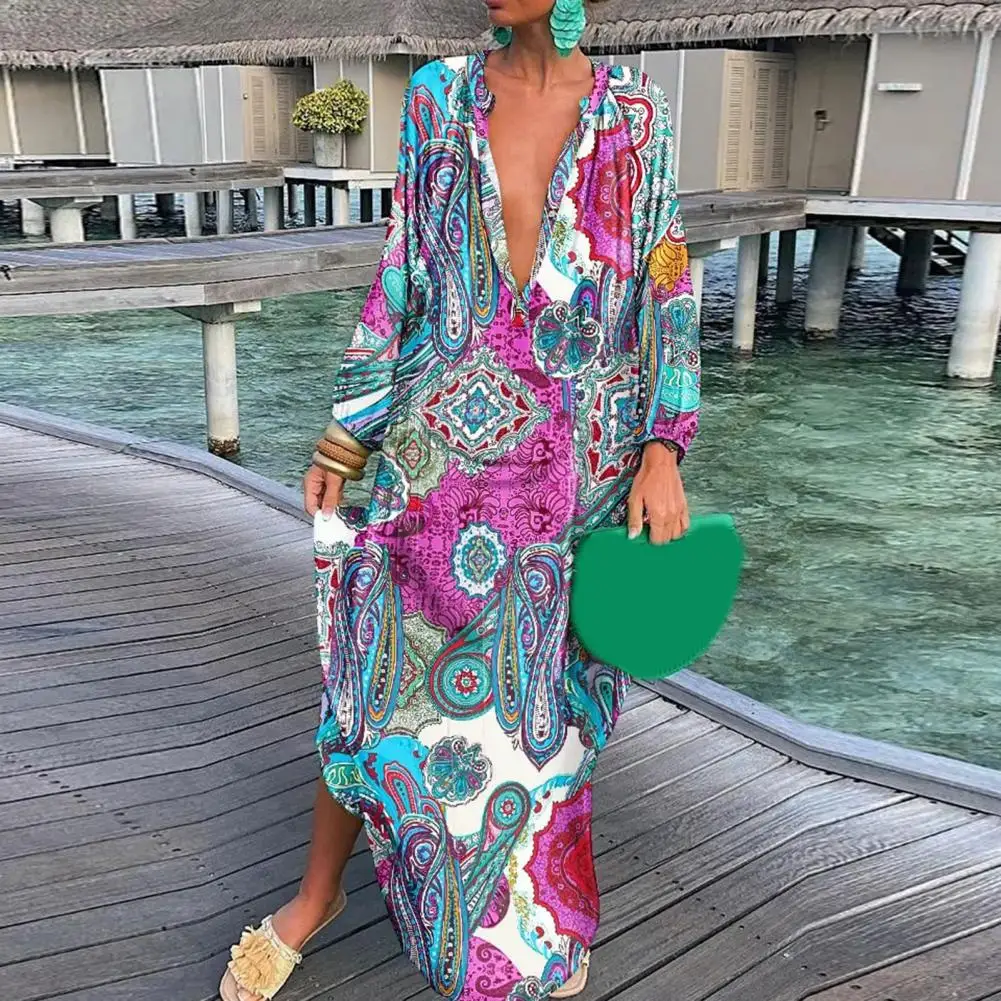 

Women Dress Deep V Neck Long Sleeve Large Hem Autumn Dress Ankle Length Retro Printing Loose Pullover Maxi Dress Streetwear