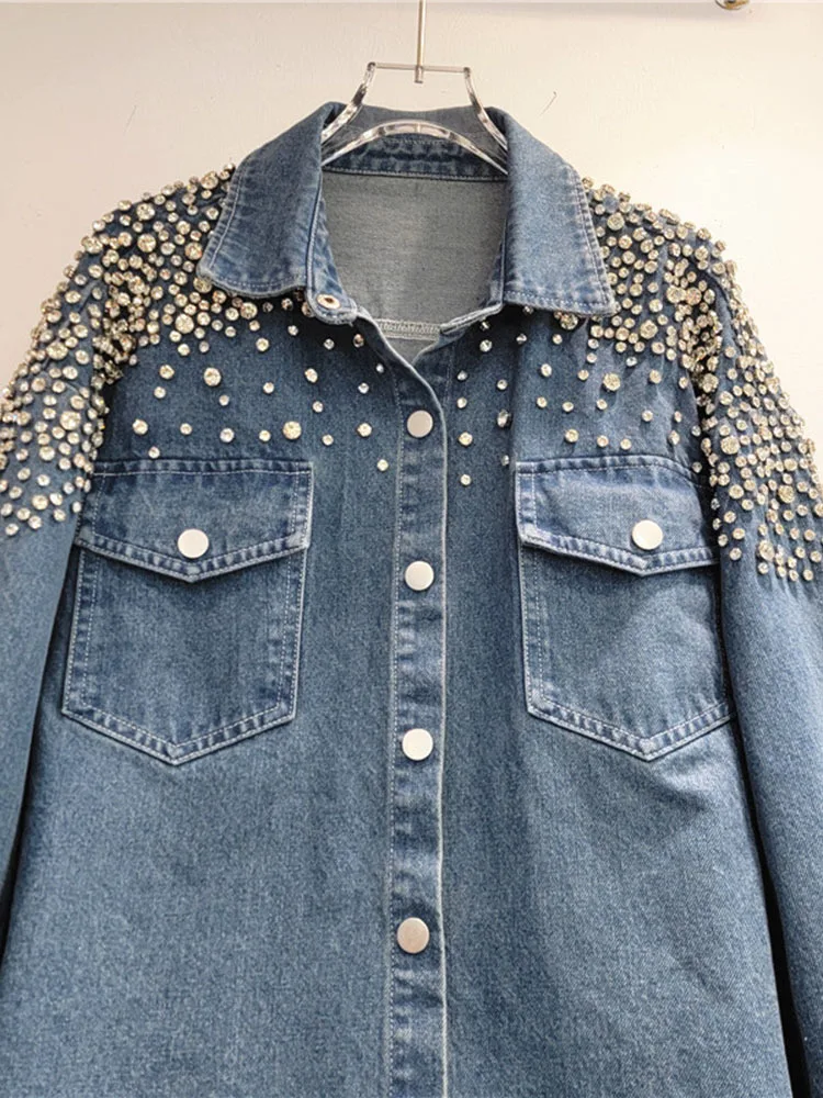 Женская джинсовая рубашка DEAT свободная куртка с отложным воротником и длинными