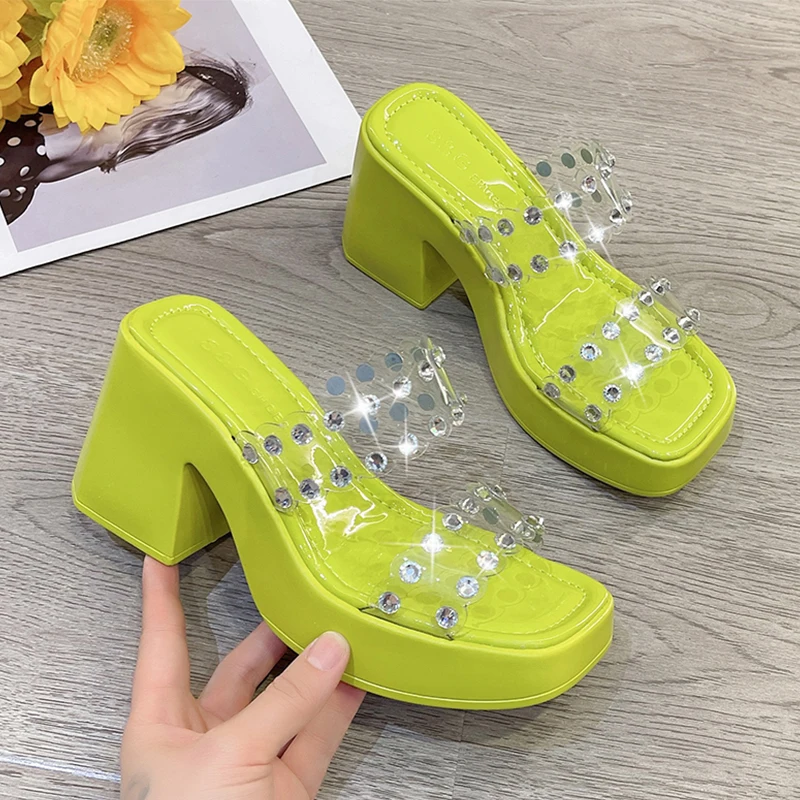 

Хрустальные ПВХ летние туфли на высоком каблуке, модная обувь, прозрачные женские тапочки, новинка 2023, сандалии, женские шлепанцы, сланцы