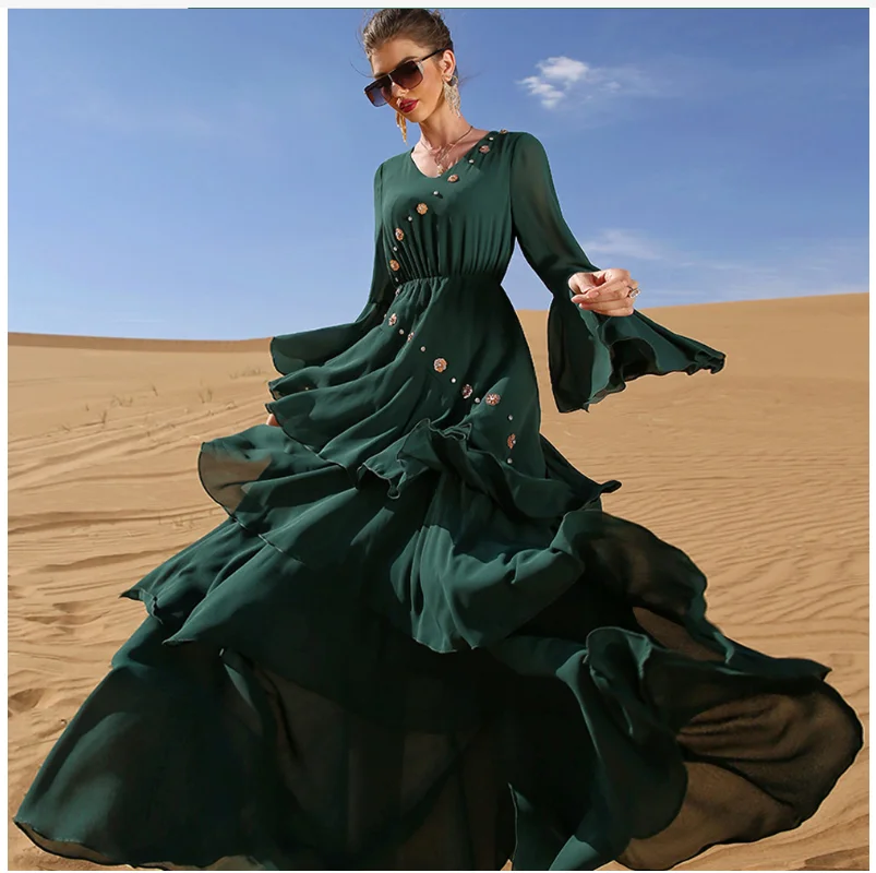 Ramadan Eid Mubarak Evening Dresses For Women Chiffon Abaya Dubai Saudi Turkey Islam Pakistan Muslim Dress Robe Femme Kaftan