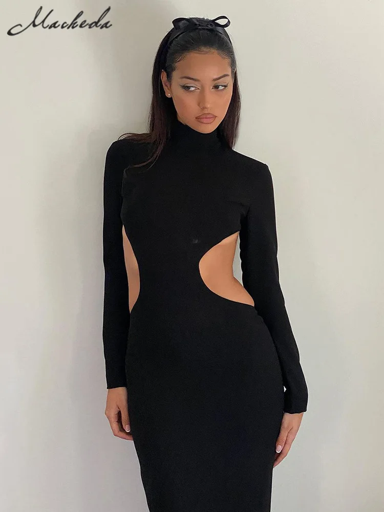 

Macheda Elegant Solid Turtleneck Women's Dresses Sexy Hollow Out Autumn Long Sleeve Skinny Midi Boydcon Evening Party Dresses
