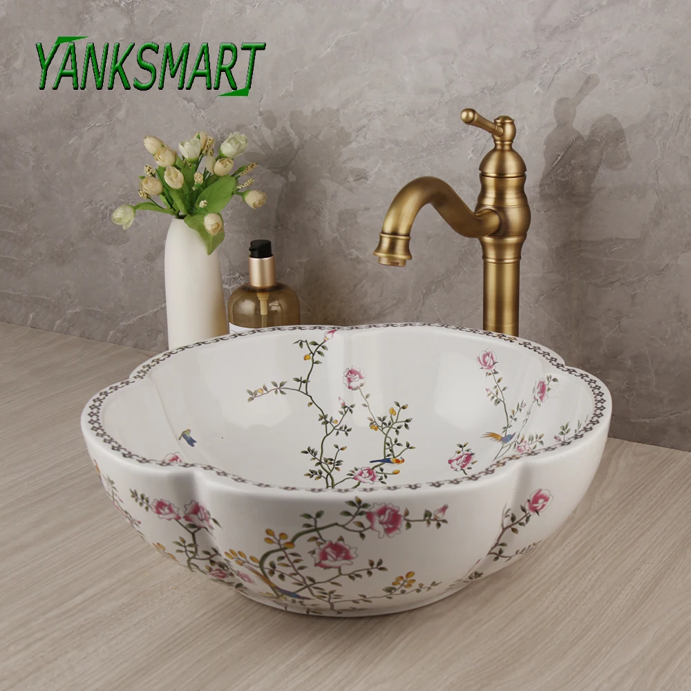 

YANKSMART Art Ceramic Basin Flower Bird Washbasin Bathroom Sink Set Rotated Antique Brass Faucet Basin Mixer Tap Pop Up Drain