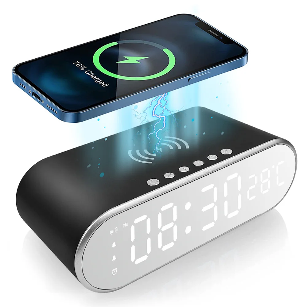 

Wireless Charger 3 in 1 LED Electric Alarm Clock Desktop Holder Digital Thermometer Clock HD Clock Mirror With Time Memory