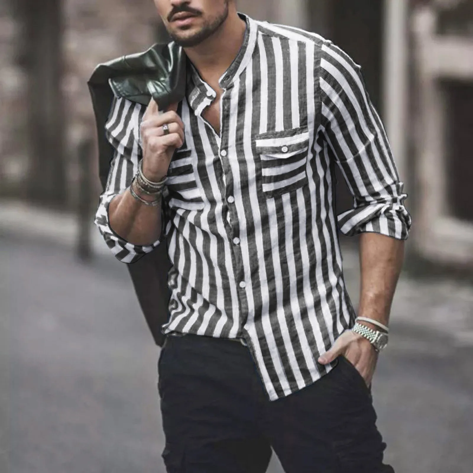 

Mens Shirt Casual Striped Print Linen Single Breasted Pocket Long Sleeve Shirts For Men Harajuku Korean Fashion Vintage Top 4