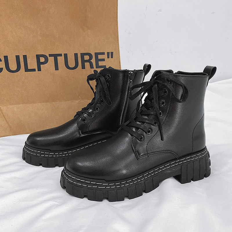 

Мужские ботинки на платформе, модная кожаная обувь с высоким берцем для мужчин, черные ботильоны, удобные ботинки мартинсы с боковой молние...