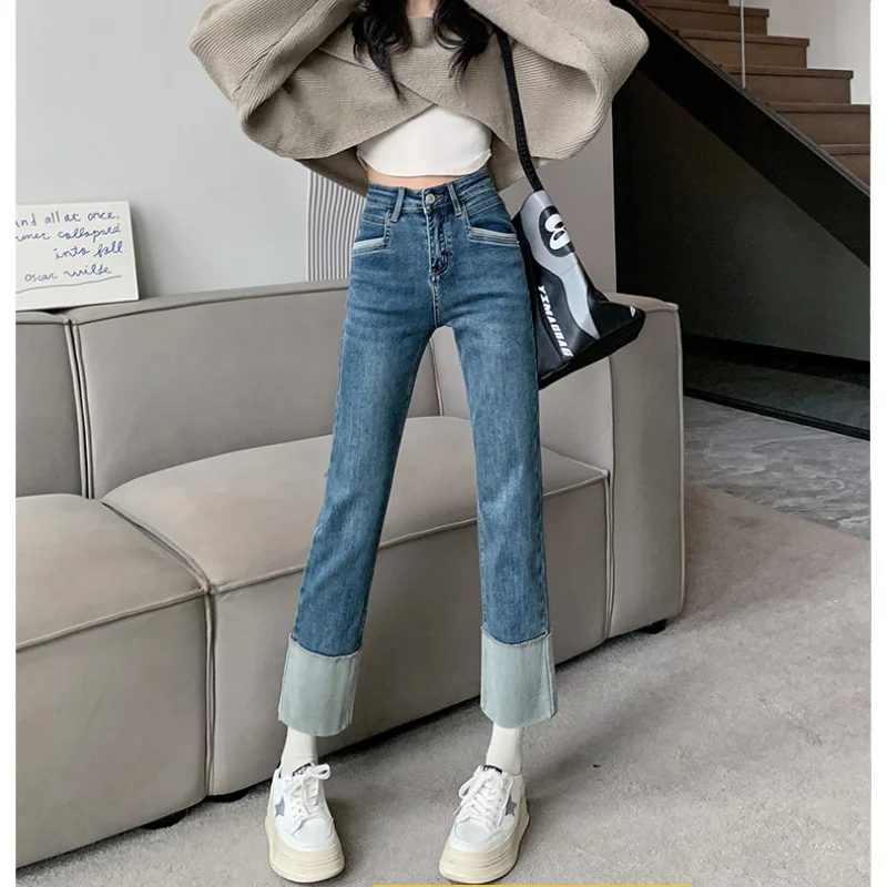 2023 Black Rolled-up Straight Jeans Women's High Waist Spring New Style Slim Cropped Pipe Pants Trendy Baggy STRAIGHT Fleece