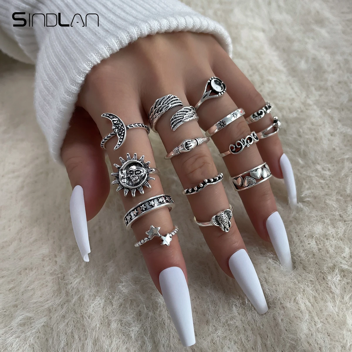 

Sindlan 14Pcs Punk Silver Color Rings for Women Vintage Moon Sun Elephant Stranger Things Set Couple Emo Jewelry Anillos Mujer