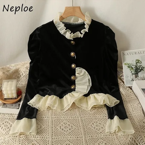 Винтажный кардиган Neploe с круглым вырезом и оборками, осенняя новинка 2026, облегающий черный бархатный кардиган в стиле Y2K, топ с длинным рукавом для женщин