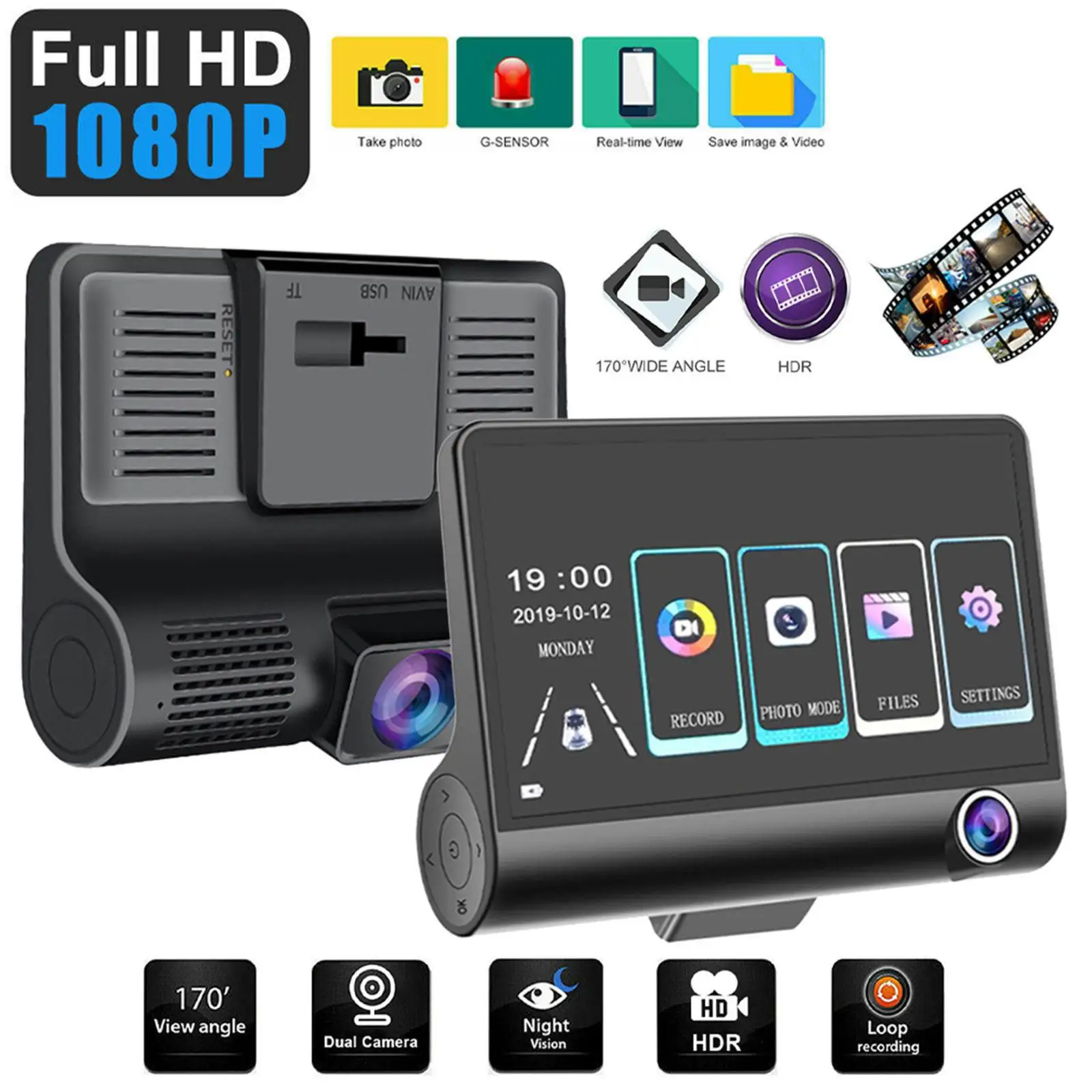 

3 Lens Dash Camera 4" Screen Dash Cam 1080p Car Video Front Blcak Box Recording Inside Recorder Loop Cam Rear G-sensor Dvr U9j2
