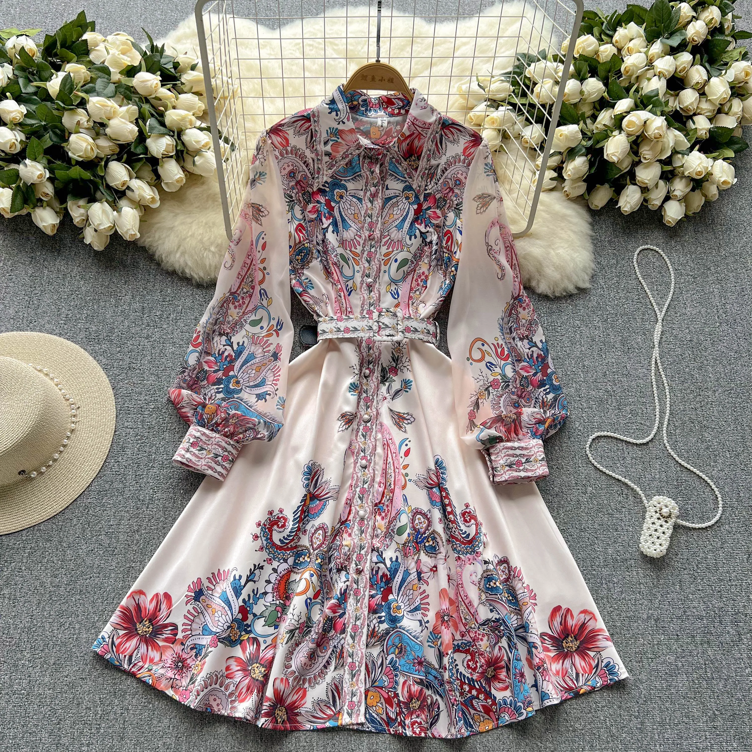 

Женское модельное платье миди в стиле бохо, летнее однобортное платье с отложным воротником и длинным рукавом, праздничное шикарное платье ...