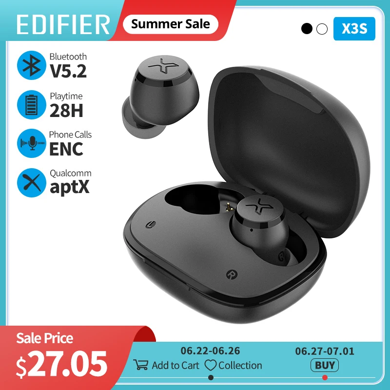  Беспроводные Bluetooth-наушники EDIFIER X3S TWS, bluetooth 5,2, режим игры Qualcomm aptX, время работы 28 часов, степень защиты IP55, защита от пыли и воды 