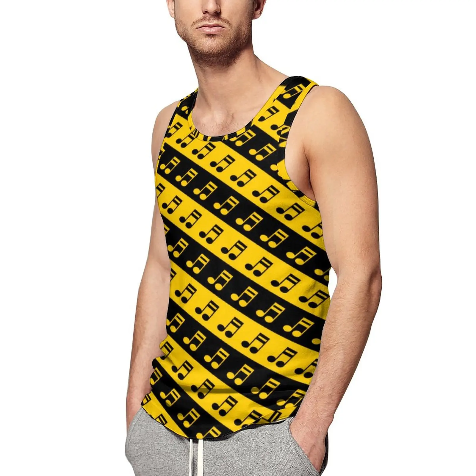 

Music Notes Tank Top Men Black Yellow Striped Tops Summer Graphic Training Fashion Oversize Sleeveless Shirts