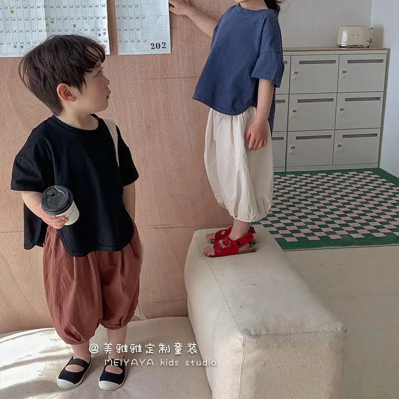 

Sets T-shirt Kids Pants O-neck Collar Short Sleeve Regular Length Pullover Ankle Length Simple Straight Summer Children Unisex