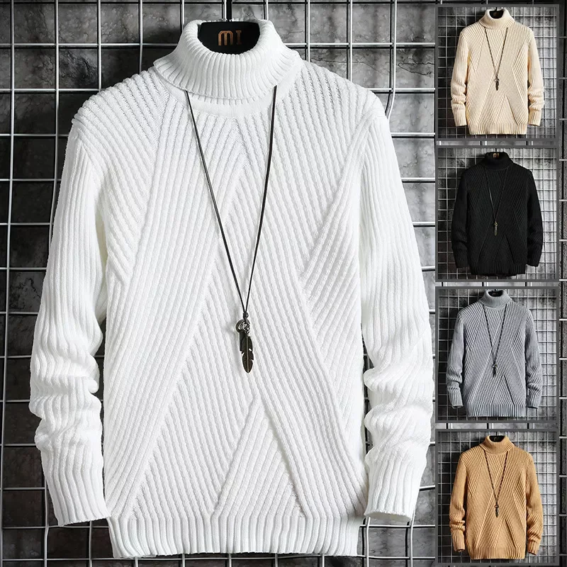 

2022New Winter Mens Casual Turtleneck Pullover Men's Long Sleeve Striped Sweater Korean Style Fashion Warm Knitted Sweater