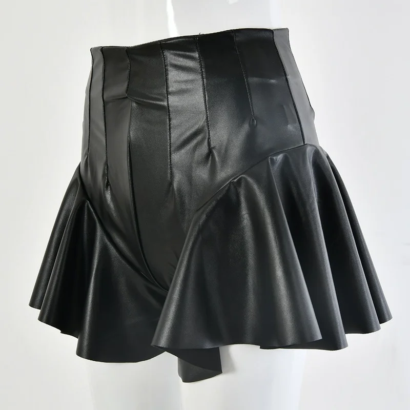Autumn and Winter Women's Sexy High Waist PU Leather Shorts Ruffled Slim Fit Shorts Women Black Solid Color Stretch Shorts 2022