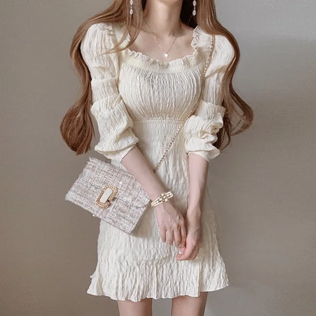 

Korean gentle square neck bubble sleeve waist closing thin pleated Ruffle Dress