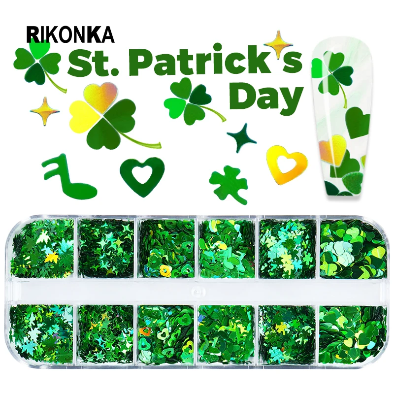 

Набор блесток для ногтей на День Св. Патрика, подвески для ногтей, 3D лазерные блестки в форме сердца, смесь зеленых блестящих хлопьев, весенн...