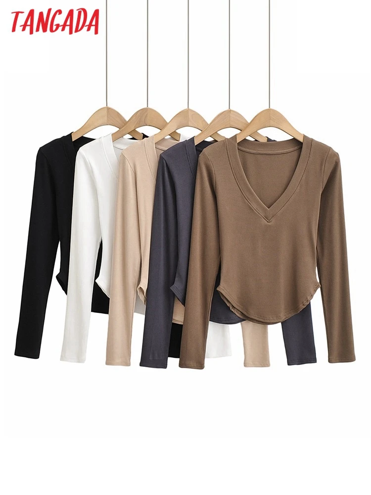 

Кроп-футболка женская с V-образным вырезом и длинным рукавом