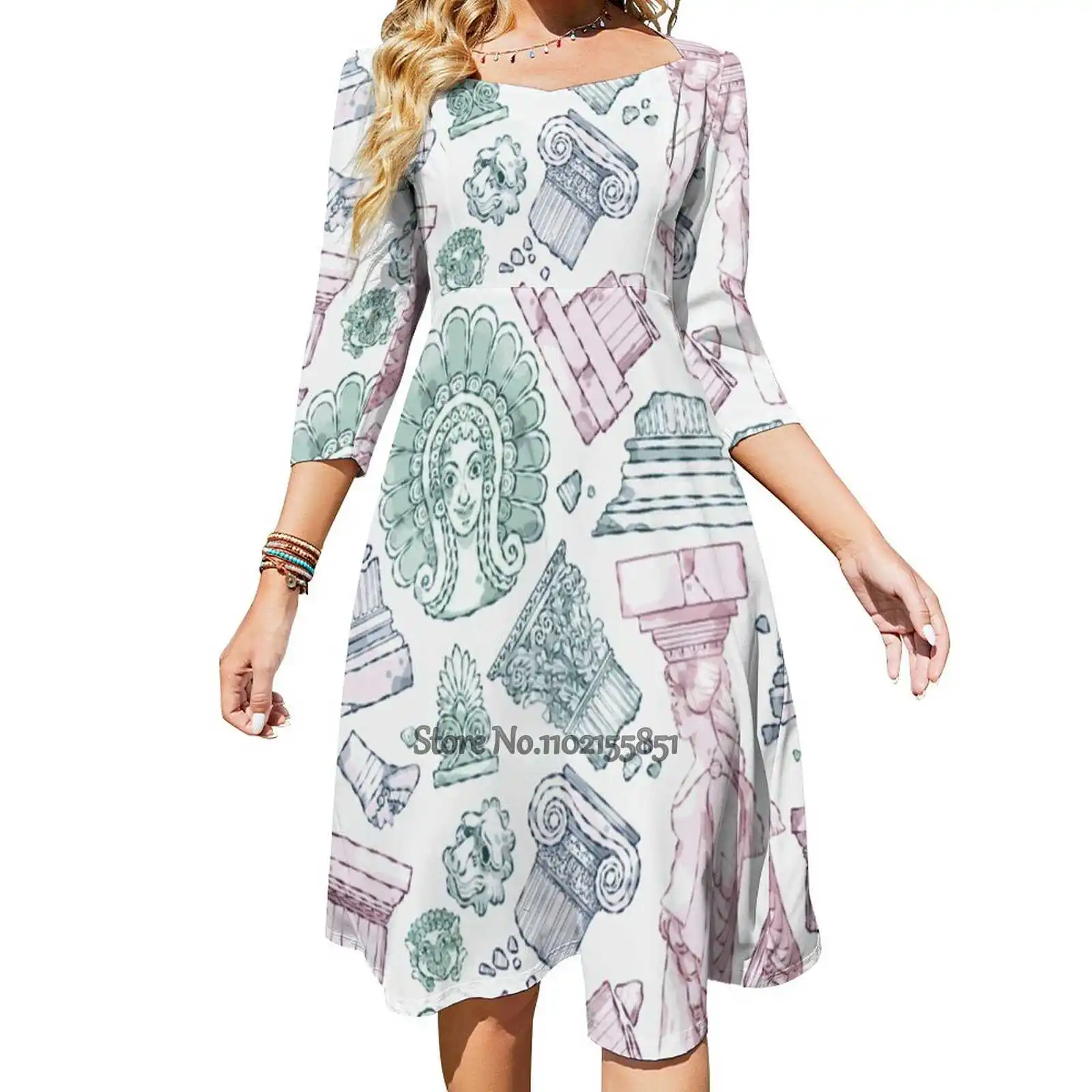 Greek Back Lacing Backless Dress Square Neck Sweet Elegant Doric Ionic History Classic Antefix Column Story