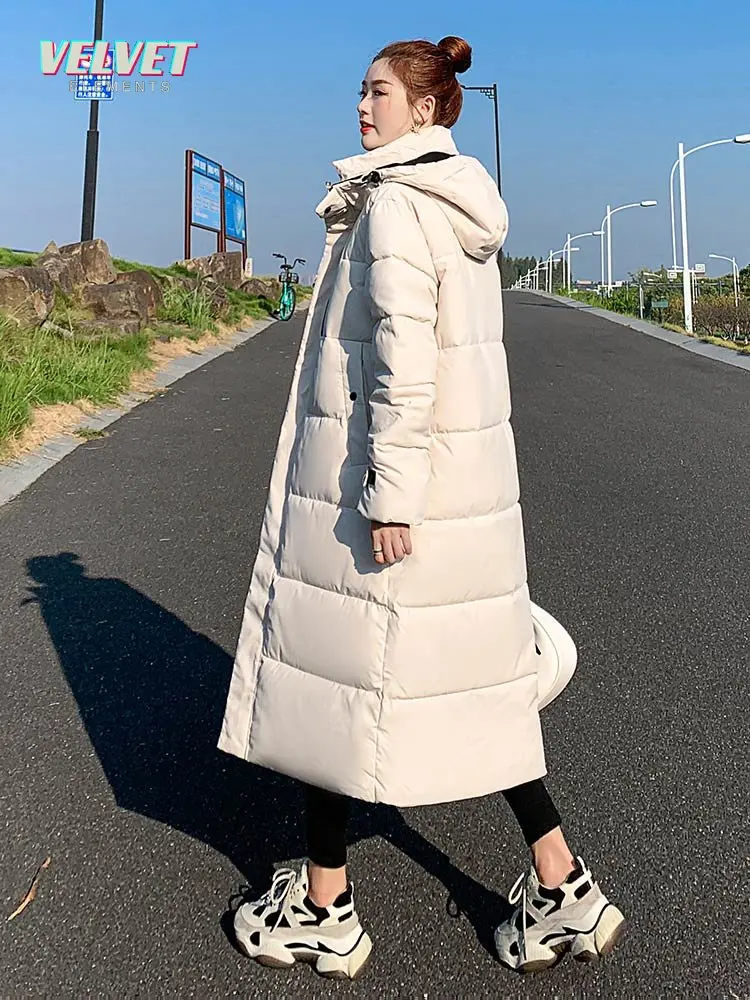 VelvetElement Parka Coat Extra Long Winter Jacket Women Hooded Pocket Zipper Female Lady Windbreaker Coat Casual Outwear Clothes