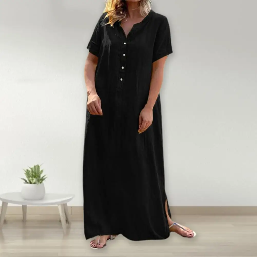 

Однотонное удобное платье-макси из хлопка и льна с большим Боковым Разрезом, уличная одежда