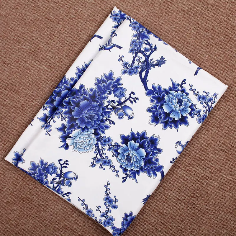 

Blue peony flower hemp cotton printed fabric clothing ethnic style blue peony used for sewing qipao or shirt DIY fabric