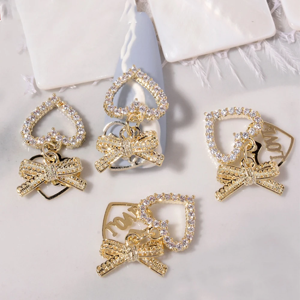 

771185 5pcs Nail Art Silver Gold Bow Love Heart Pendant 3D Alloy Zircon Metal DIY Fingernail Art Decorations Creative Accessorie