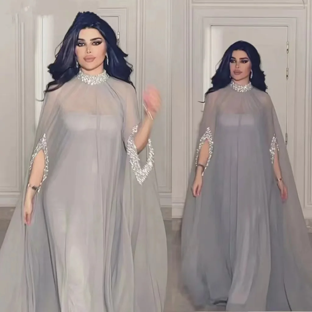 

Honeyed 2-Piece Shiny Prom Dresses 2023 Chiffon High Neck Strapless Sheath Floor-Length Arabia Formal For Eid Elegant Party Gown