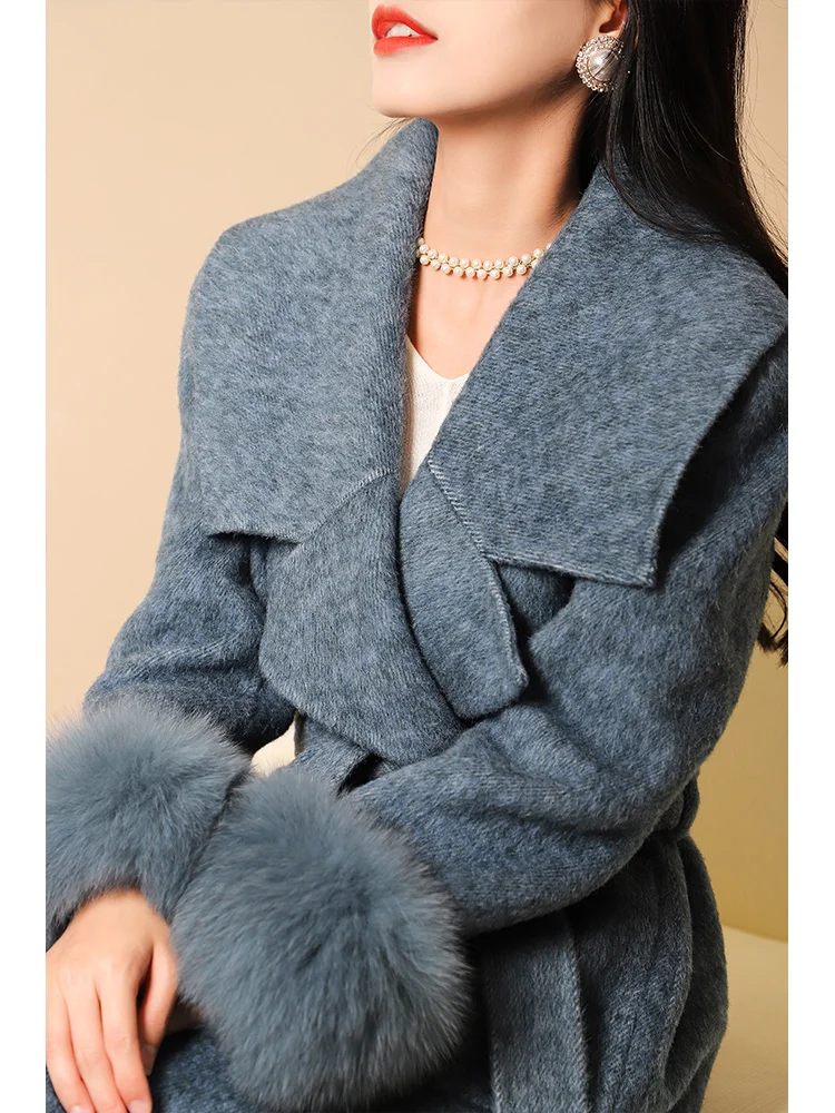 

Women Wool Jacket Long Winter Coat With Large Real Fox Fur Cuff Turn-down Collar Fashion Luxury Woolen Coats Ladies Overcoat