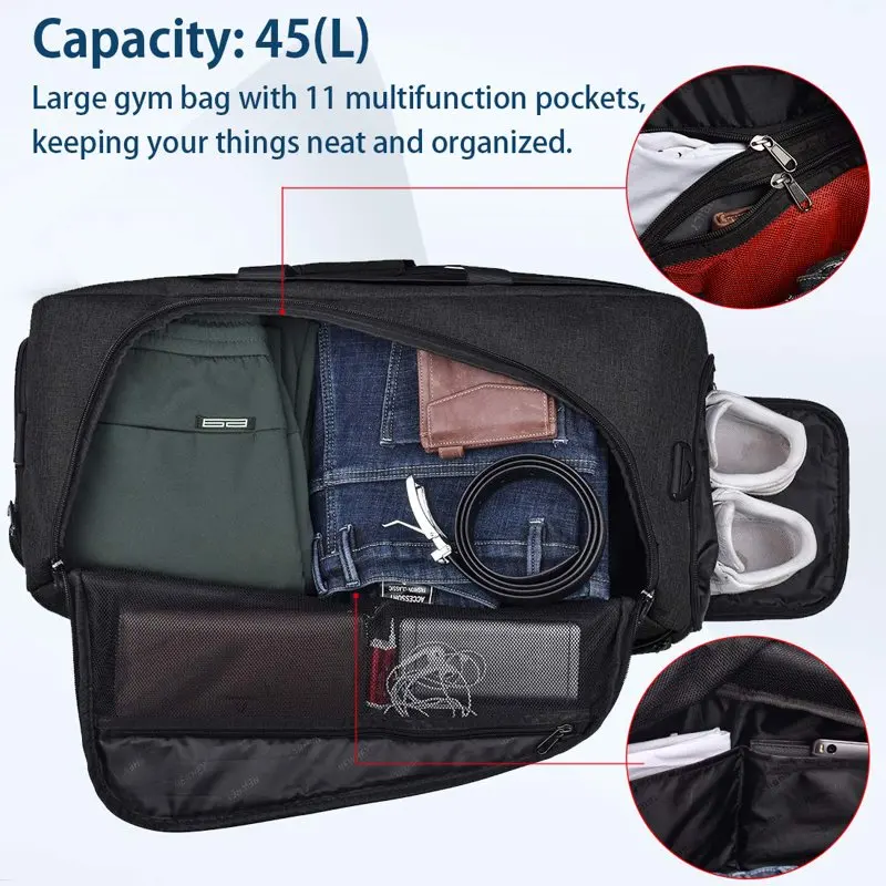 Gym Bag Sports Duffle Bag with Shoes Compartment Waterproof Large Travel Duffel Bags Weekender Overnight Bag for Men Women 45L B