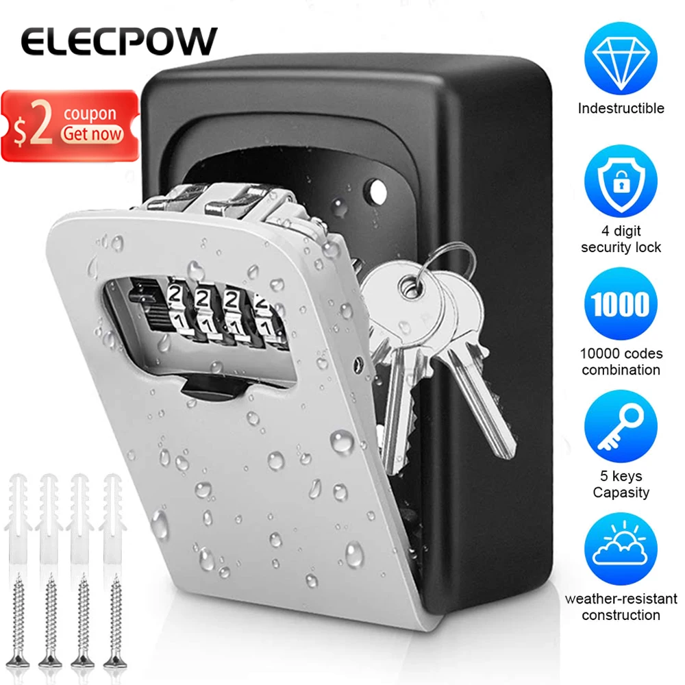 

Elecpow Password Lock Storage Box Outdoor Weatherproof Wall Mount 4 Digit Combination Metal Password Key Box Home Key Safe Box