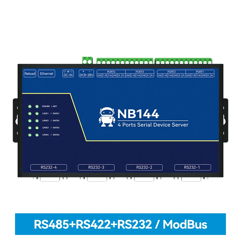 

RS232/422/485 изолированный 4-канальный последовательный сервер RJ45 Шлюз Modbus NB144E POE приемная мощность TCP/UDP/MQTT DC 8-28V