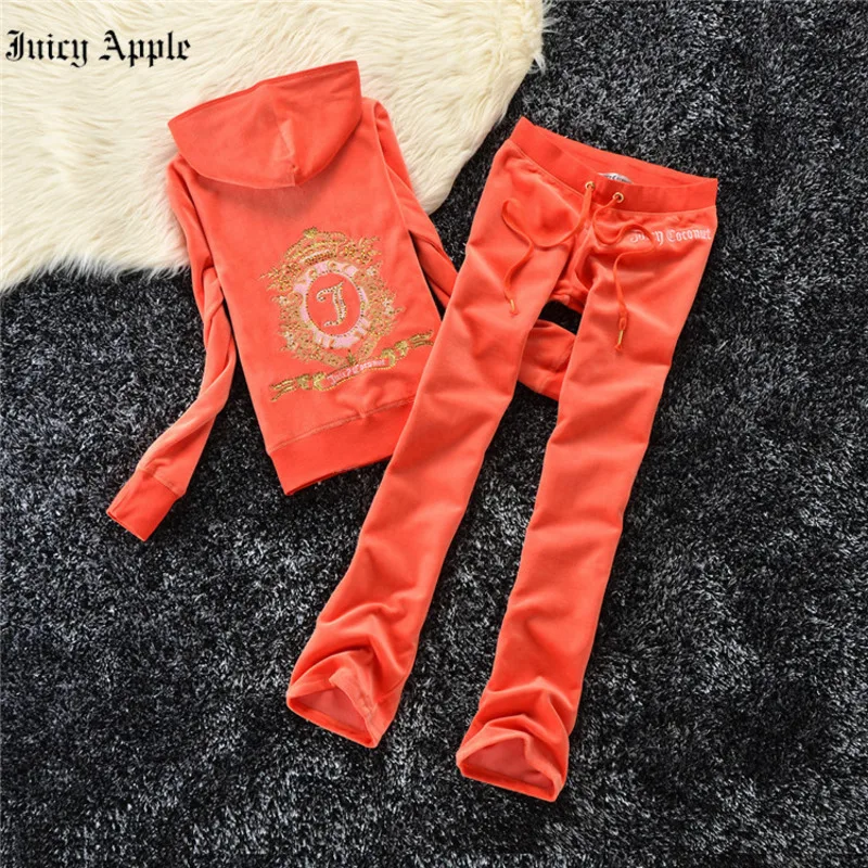 Juicy Apple Tracksuit Women Vintage Velvet 2 Piece Set Sport Outfit spring Autumn Casual Suit Long Sleeve Jacket+Jogger Pants