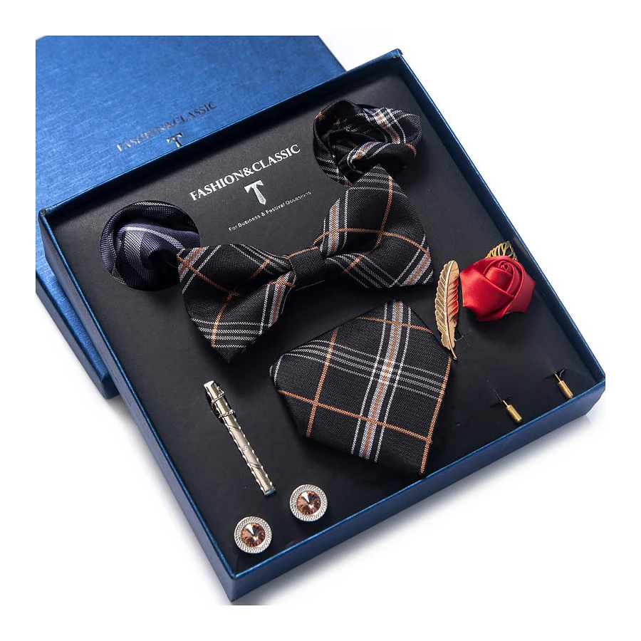 Fashion Wholesale Jacquard Holiday Gift Silk Tie Pocket Squares Cufflink Set Necktie Box Wedding Accessories Dark Grey