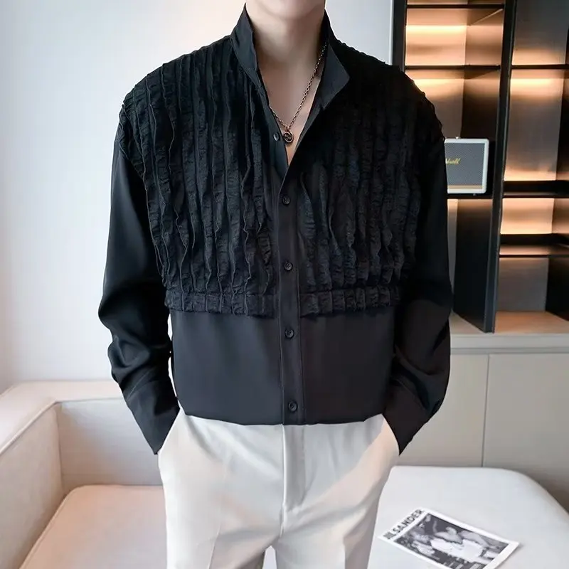 Autumn Patchwork Shirts Men Long Sleeve Loose Casual Stand Collar Shirt Designer Style Social Tuxedo Couple Blouse Streetwear