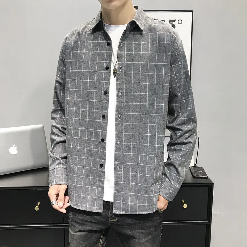 Fashion Lapel Button Spliced Pockets Lattice Shirts Men's Clothing 2022 Autumn New Oversized Casual Tops All-match Korean Shirt