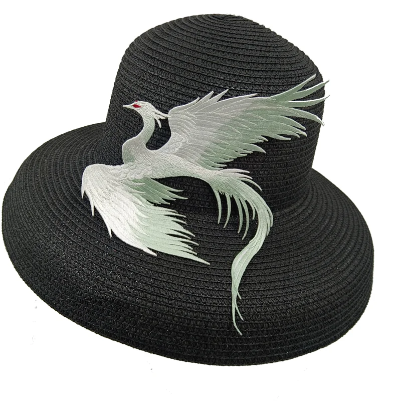

Women's straw hat embroidered black straw hat new product round top hat women's sun hat beach hat flat top straw hat
