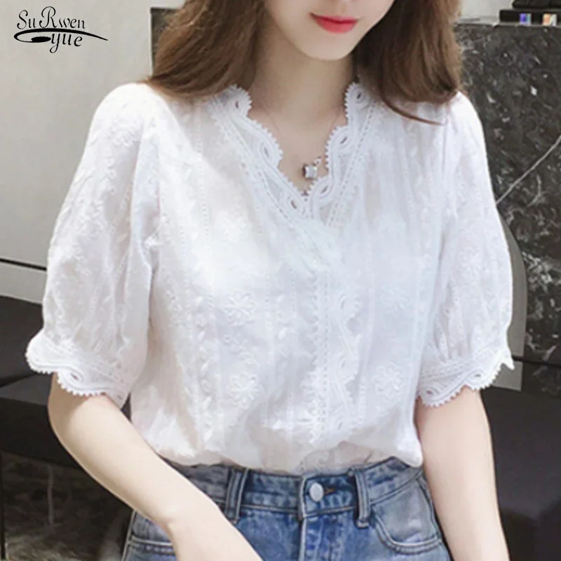 

Women Summer Elegant Shirt Korean Flower Edge Lace Embroidery Puff Sleeve Cotton Blouse Female Top Plus Size Sweet Blousa 20640