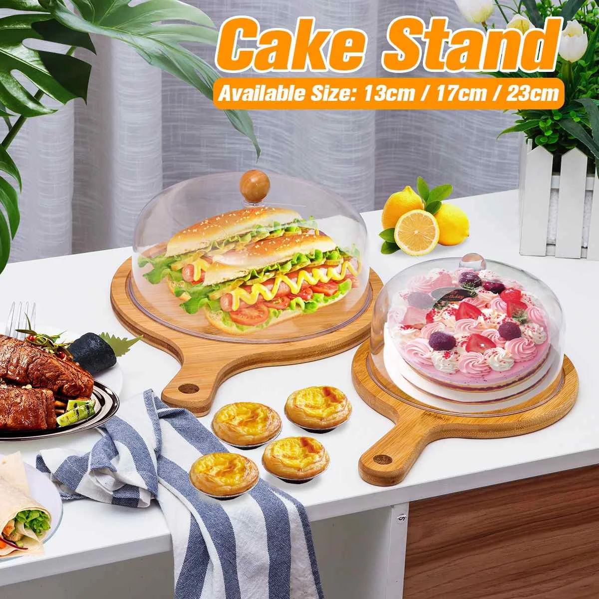 

Nordic Style Retro Wooden Cake Plate Acrylic Cover Dessert Bread Fruit Table Display Stand Tray Home Decoration Festive Party