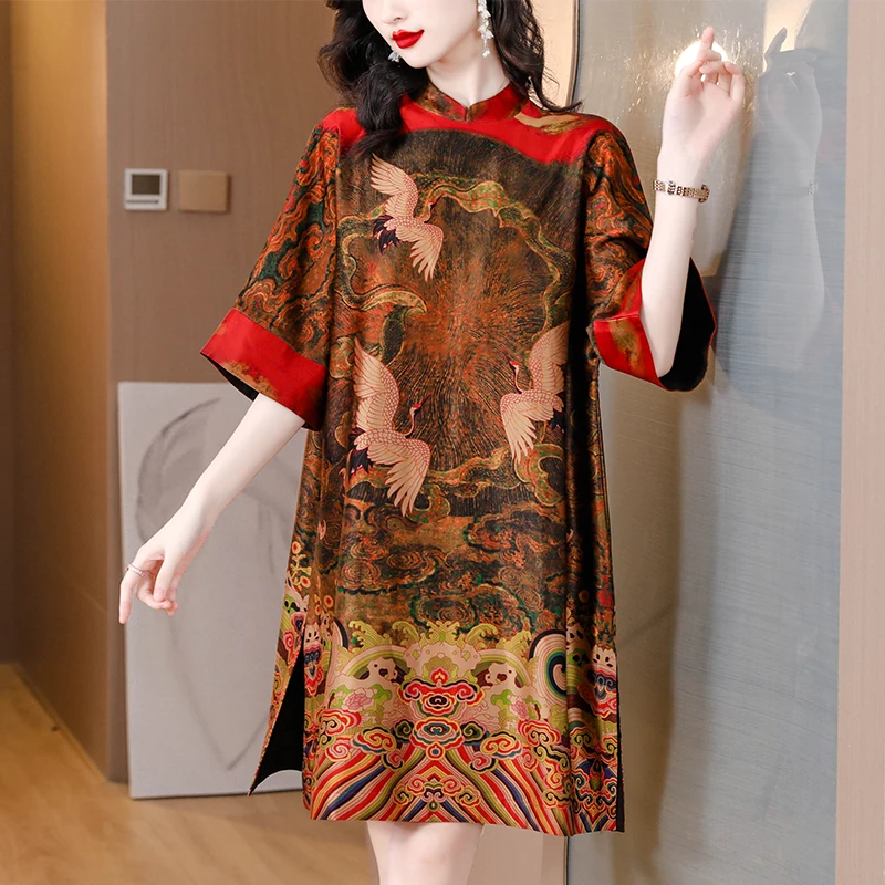 

Платье-мини женское из шелка, модное элегантное свободное Повседневное платье из шелка тутового шелкопряда с принтом, в стиле ретро